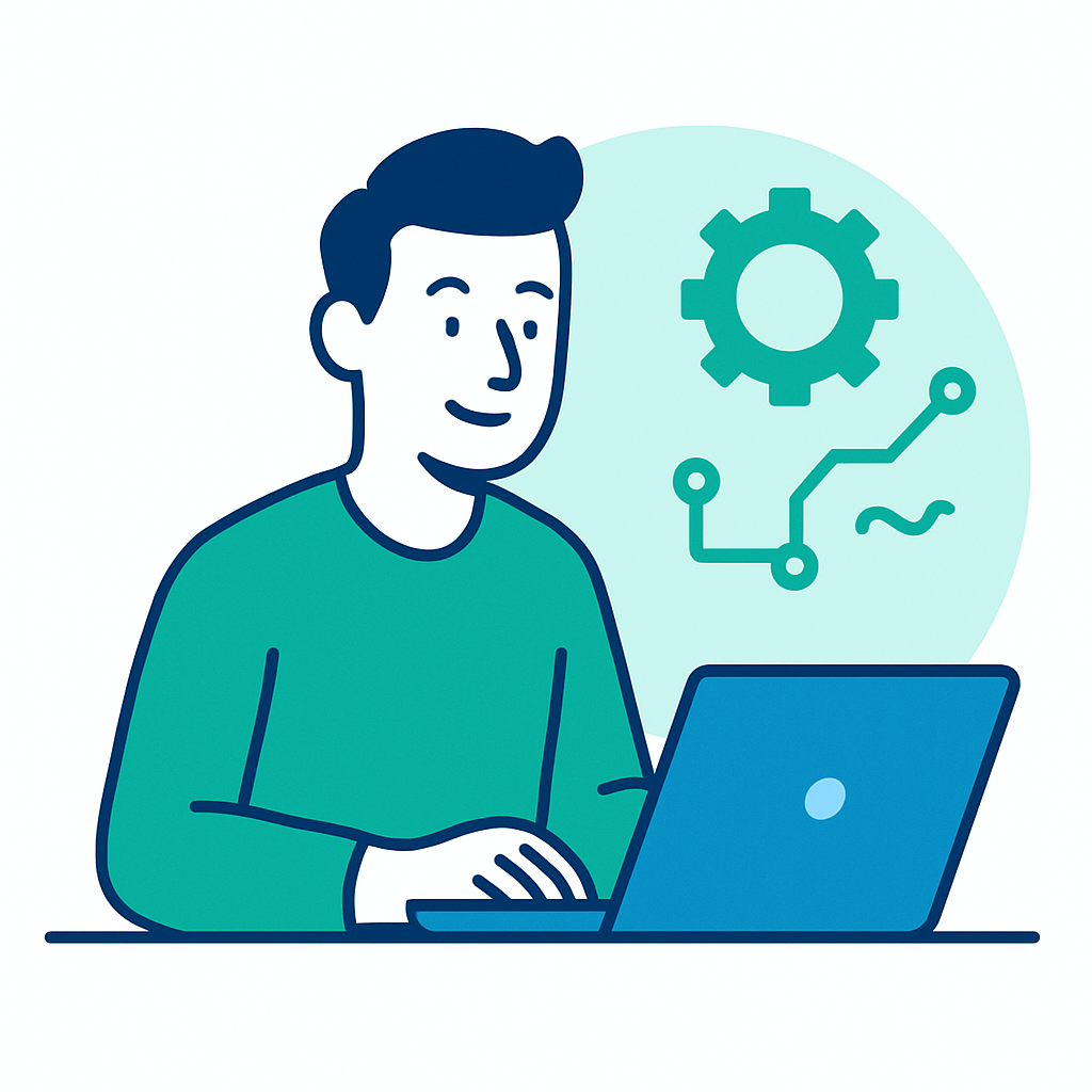 Illustration of an IT consultant working on a laptop